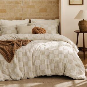 King Size Comforter Set Beige, Boho Tufted Bed Set, Checkered